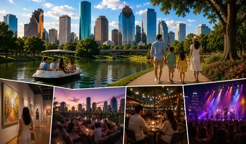 Visitors enjoying Houston weekend activities, including parks, museums, boat rides, rooftop dining, and live entertainment.